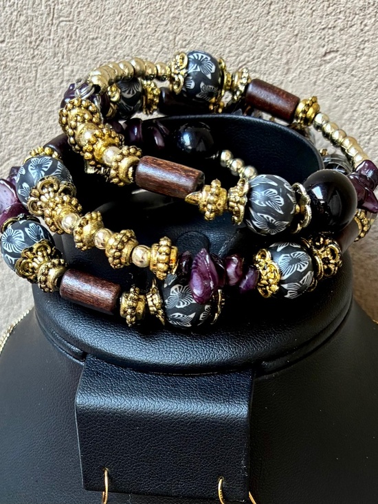 Upcycled Jewelry - Wrap Bracelet, Earrings, Necklace Set